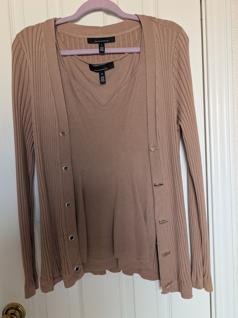 White House Black Market WHBM Ribbed Cardigan & Tank Sweater Set M/L Taupe